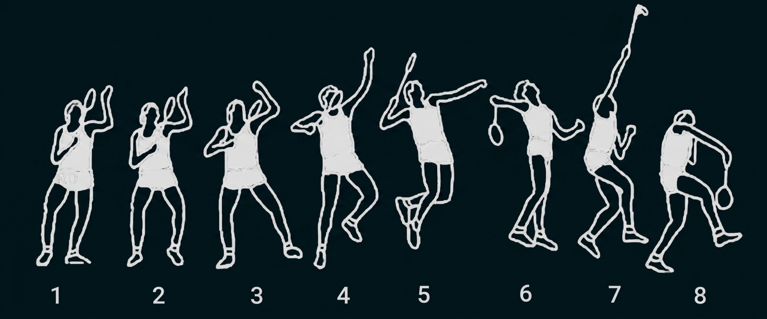 Acht schematische Figuren einer Athletin in verschiedenen Wurfphasen mit Ball.